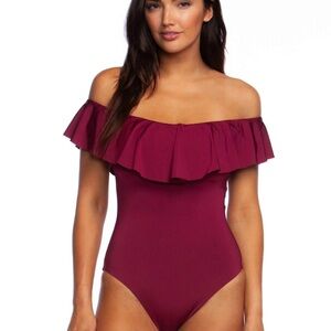 Trina Turk Fuchsia Off the Shoulder w Ruffle One Piece Swimsuit Magenta US 12